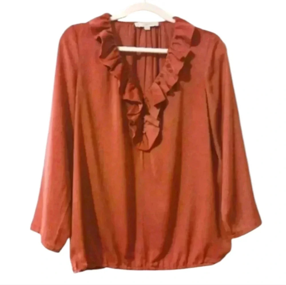 Loft silky ruffle long sleeve rosewood color v neck blouse.